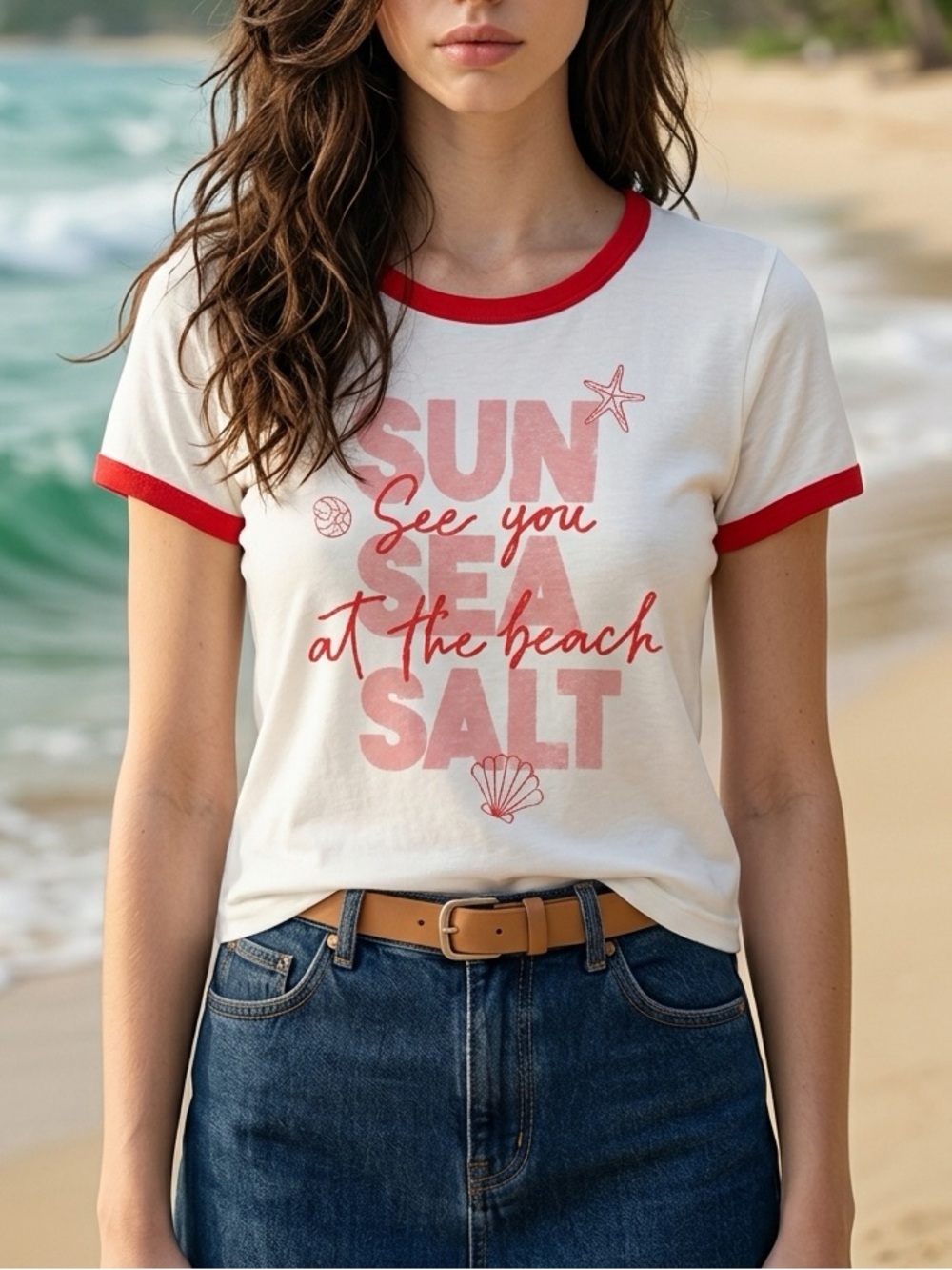 SUN SEA SALT -  See You at the Beach Red Trim Graphic Ringer T-Shirt